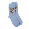 Daisy Coo, a warm pair of high quality, pale blue, white striped bamboo socks. Featuring gorgeous artwork by Hannah Dale, a cute highland cow holding daisys in it's mouth, stitched into the soft fabric. A perfect gift for animal lovers. Wrendale Designs.