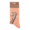 Flowers, a warm pair of high qulaity, coral coloured bamboo socks for women. Designed by Hannah Dale, these socks feature a beautiful illustration of a giraffe, holding flowers stitched into the soft, floral fabric. A perfect gift for animal lovers. Sock size 4 to 7. Wrendale Designs
