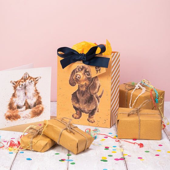 Gifts for women UK, Funny Greeting Cards, Wrendale Designs Stockist, Berni Parker Designs Gifts Greeting Cards, Engagement Wedding Anniversary Cards, Gift Shop Shrewsbury, Visit Shrewsbury Wrendale Designs Gift Bag Mustard Yellow Dachshund Puppy 1