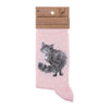 Glamour Puss, a warm pair of high quality, pale pink bamboo socks for women. Designed by Hannah Dale, each sock features a gorgeous illustration of a fluffy cat, stitched into the soft fabric. A perfect gift for cat lovers. Sock size 4 to 7. Wrendale Designs.