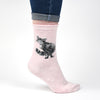 Glamour Puss, a warm pair of high quality, pale pink bamboo socks for women. Designed by Hannah Dale, each sock features a gorgeous illustration of a fluffy cat, stitched into the soft fabric. A perfect gift for cat lovers. Sock size 4 to 7. Wrendale Designs.
