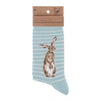 Hare and the bee, a warm pair of high quality, blue and white striped bamboo socks for women. Featuring a gorgeous artwork by Hannah Dale, of an adorable hare stood on its back legs, stitched into the soft fabric. A perfect gift for animal lovers. Wrendale Designs.