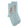 Hare and the bee, a warm pair of high quality, blue and white striped bamboo socks for women. Featuring a gorgeous artwork by Hannah Dale, of an adorable hare stood on its back legs, stitched into the soft fabric. A perfect gift for animal lovers. Wrendale Designs.