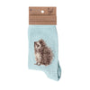 Hedgehugs, a warm pair of pale blue, high quality bamboo socks for women. Designed by Hannah Dale, each sock has a beautiful illustration of a hedgehog stiched into the soft fabric. A perfect gift for animal lovers. Sock size 4 to 7. Wrendale Designs.