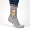 Hopeful, a warm pair of high quality, grey bamboo socks for women. Designed by Hannah Dale, thse socks feature a gorgeous illustration of a golden labrador stitched into the soft fabric. A perfect gift for animal lovers. Sock size 4 to 7. Wrendale Designs.