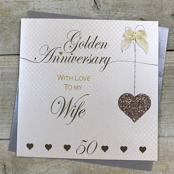 Gifts for women UK, Funny Greeting Cards, Wrendale Designs Stockist, Berni Parker Designs Gifts Greeting Cards, Engagement Wedding Anniversary Cards, Gift Shop Shrewsbury, Visit Shrewsbury Elegant Golden Anniversary Blank Card to my WIfe Gold Gitter Heart