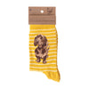 Little one, soft, high quality bamboo socks for women. Featuring a beautiful artwork by Hannah Dale of an adorable dachshund  puppy on a yellow, white striped backround. A perfect gift for animal lovers. Sock size 4 to 7. Wrendale Designs.