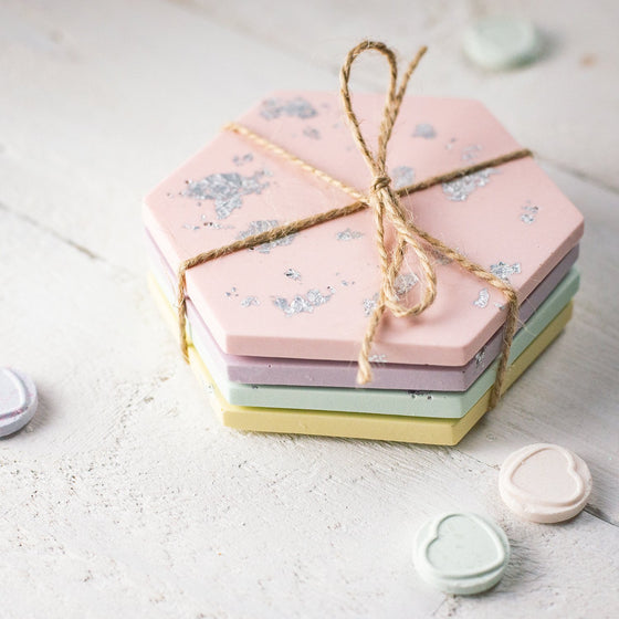Gifts for women UK, Funny Greeting Cards, Wrendale Designs Stockist, Berni Parker Designs Gifts Greeting Cards, Engagement Wedding Anniversary Cards, Gift Shop Shrewsbury, Visit Shrewsbury Nine Angels Jesmonite Coasters Set of 4 Pastel Colours Yellow Pink Green Lilac 4