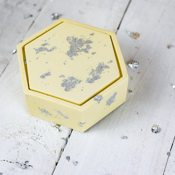 Gifts for women UK, Funny Greeting Cards, Wrendale Designs Stockist, Berni Parker Designs Gifts Greeting Cards, Engagement Wedding Anniversary Cards, Gift Shop Shrewsbury, Visit Shrewsbury Nine Angels Jesmonite Trinket Box Lid Pastel Yellow and Silver 2