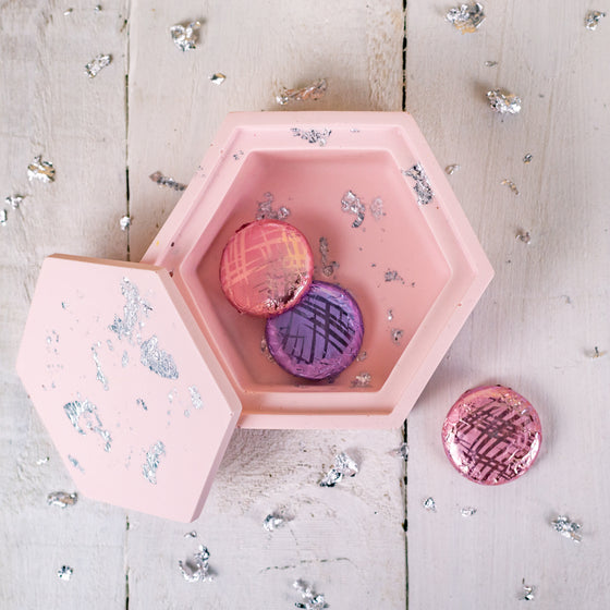 Gifts for women UK, Funny Greeting Cards, Wrendale Designs Stockist, Berni Parker Designs Gifts Greeting Cards, Engagement Wedding Anniversary Cards, Gift Shop Shrewsbury, Visit Shrewsbury Nine Angels Jesmonite Trinket Box Lid Pastel Pink and Silver 1