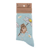 Oops a Daisy, A warm pair of high quality, light blue, white polkadot bamboo socks for women. Designed by Hannah Dale, these socks feature a beautiful illustration of a country mouse holding onto a daisy stitched into the soft fabric. A perfect gift for animal lovers. Sock size 4 to 7. Wrendale Designs.