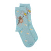 Oops a Daisy, A warm pair of high quality, light blue, white polkadot bamboo socks for women. Designed by Hannah Dale, these socks feature a beautiful illustration of a country mouse holding onto a daisy stitched into the soft fabric. A perfect gift for animal lovers. Sock size 4 to 7. Wrendale Designs.
