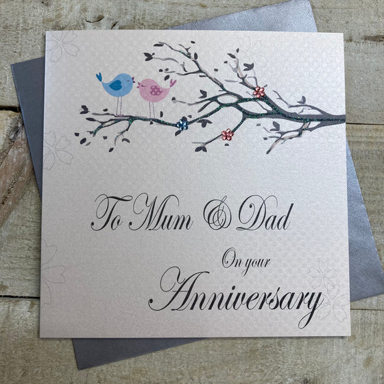 Gifts for women UK, Funny Greeting Cards, Wrendale Designs Stockist, Berni Parker Designs Gifts Greeting Cards, Engagement Wedding Anniversary Cards, Gift Shop Shrewsbury, Visit Shrewsbury Elegant Blank Anniversary Card Mum & Dad Love Birds 1