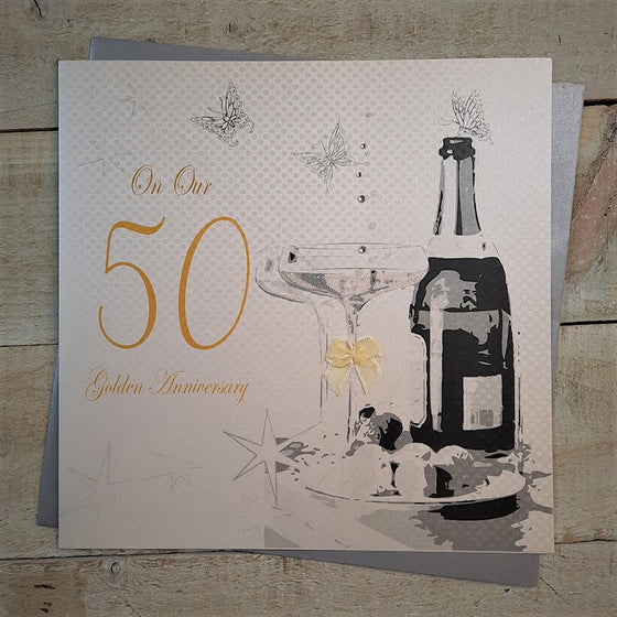 Gifts for women UK, Funny Greeting Cards, Wrendale Designs Stockist, Berni Parker Designs Gifts Greeting Cards, Engagement Wedding Anniversary Cards, Gift Shop Shrewsbury, Visit Shrewsbury Extra Large Elegant Golden Anniversary 50th Anniversary Card Champagne Service